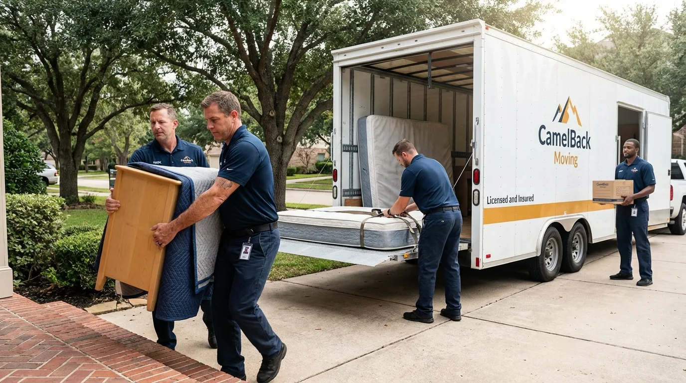 Crew loading residential truck for cross-state move from Fayetteville, AR