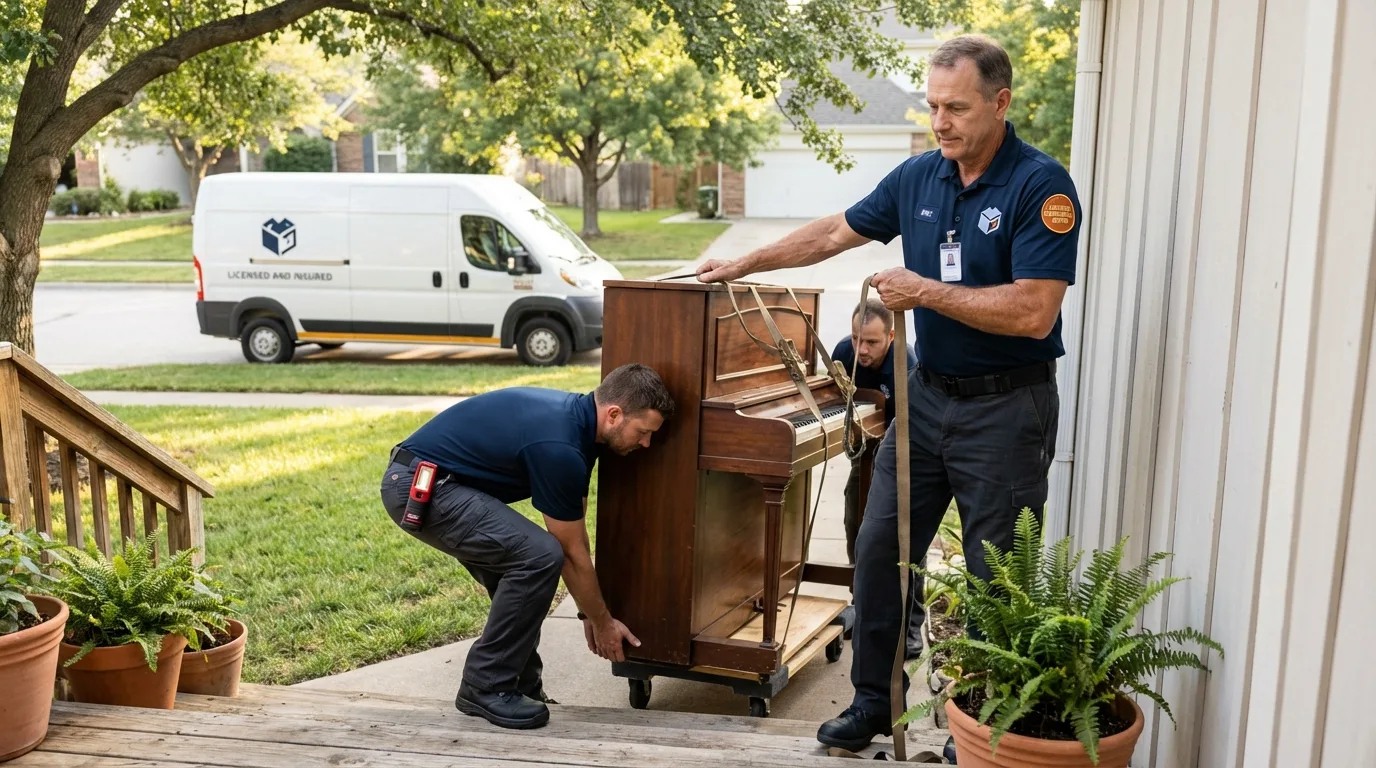 Licensed piano movers securing grand piano in Fayetteville, AR