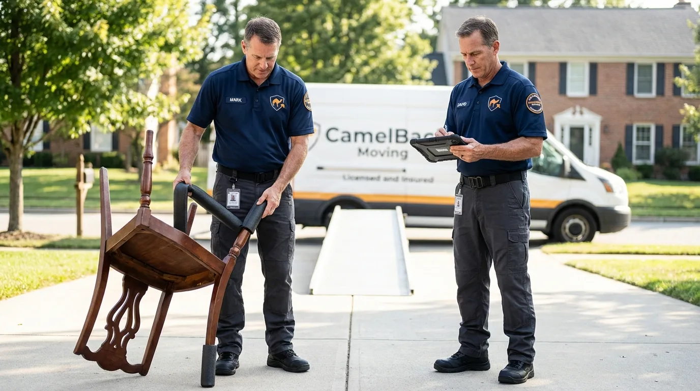 Movers inspecting furniture for damage prevention before loading in Fayetteville, AR